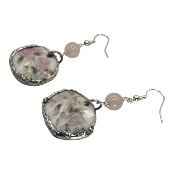 Broken China Floral Earrings W/ 925 Hooks & Silver Blend Bezel With Rose Quartz - Picture 8 of 14